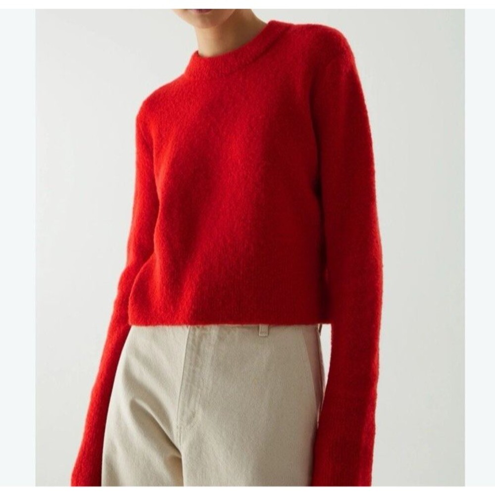 H&M Women's Sweater Large Red Wool Mohair Crop Crew Neck Long Sleeve Relaxed